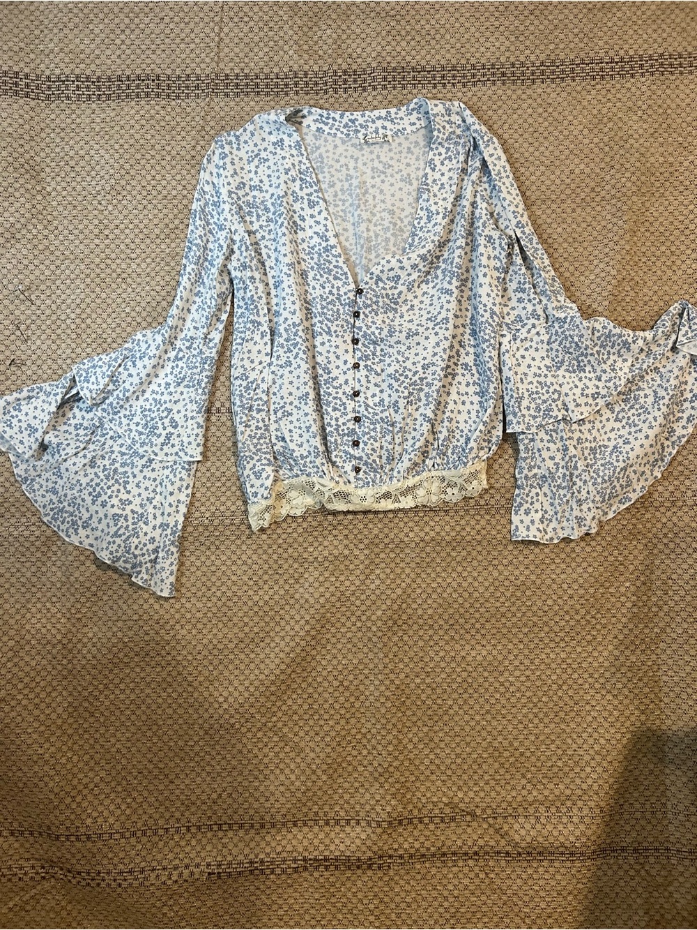 Free People Powder Blue Floral Bell Sleeve Blouse with Lace Hem